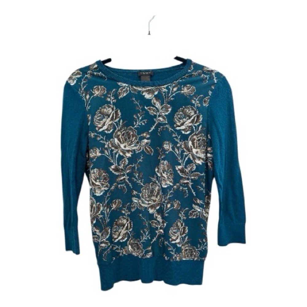 Ann Taylor Teal Knit Top w/ Floral Pattern Small